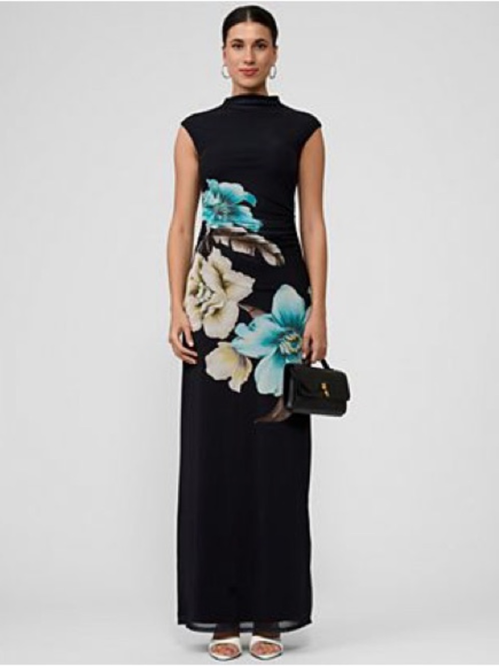 Rachel Roy Black Floral Maxi Dress with Teal Accents Formal